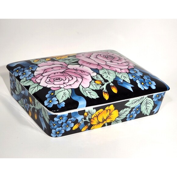 Vintage Porcelain Trinket Box Divided Playing Card Cabbage Rose Japan - Picture 1 of 7